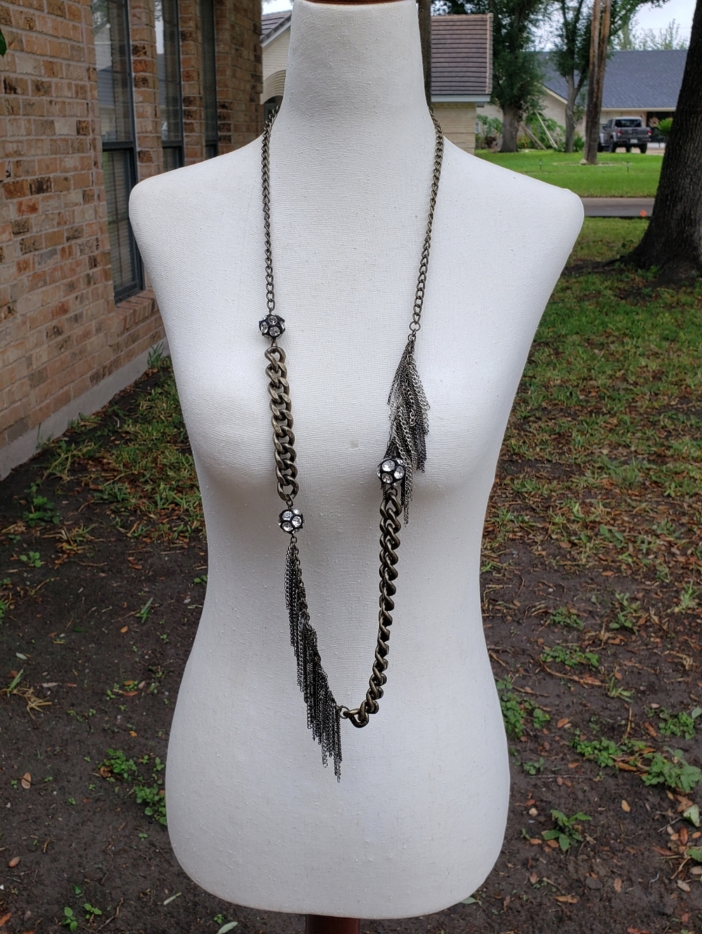 Long Brass Tone Chain Fringe Necklace with Crystal Accents